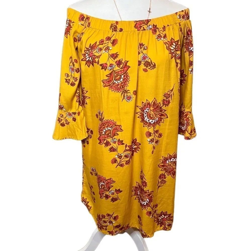 Old Navy yellow mustard floral off shoulder shift dress size medium